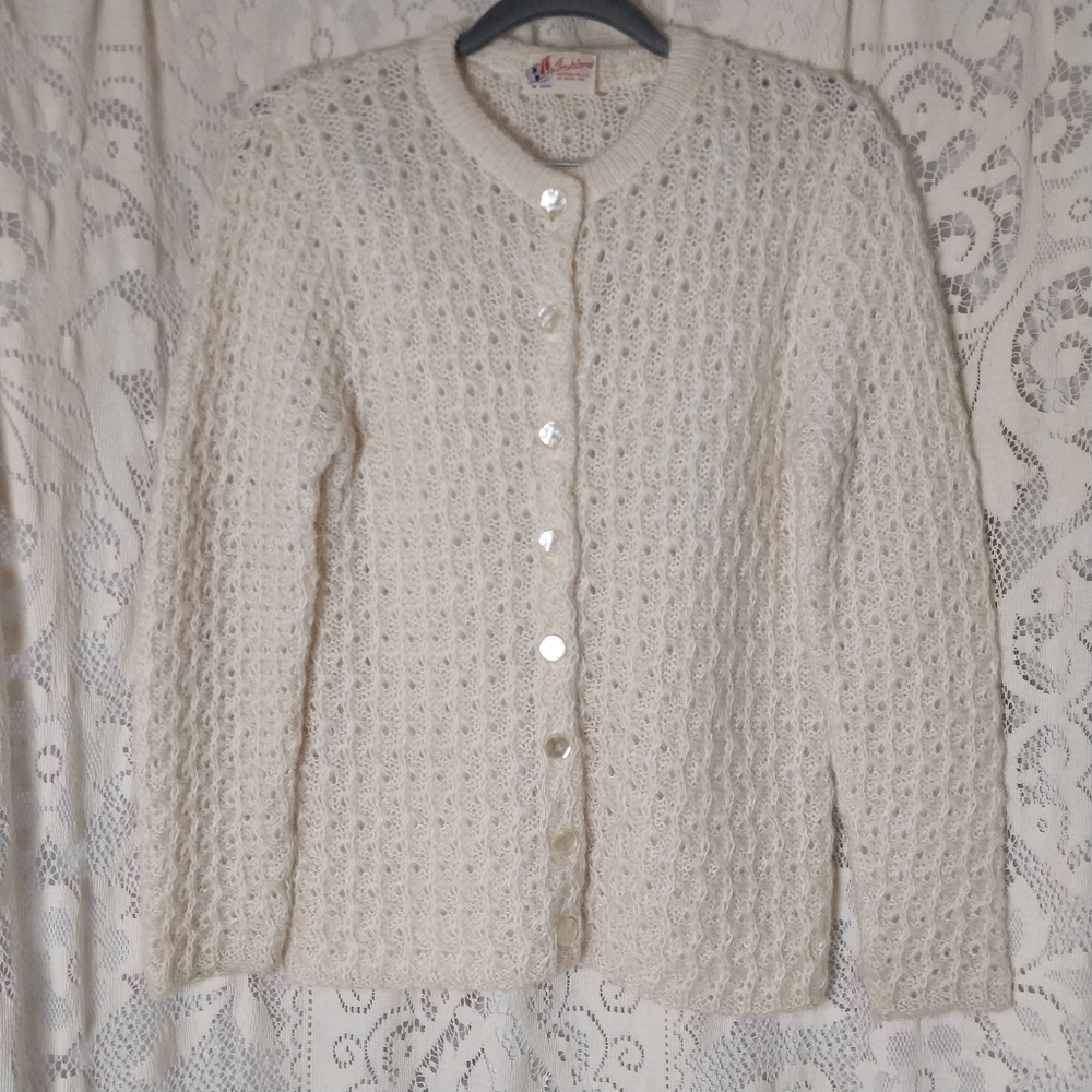 Vintage 1960s Americana Knitting Mills Sweater Button Cardigan Miami White S